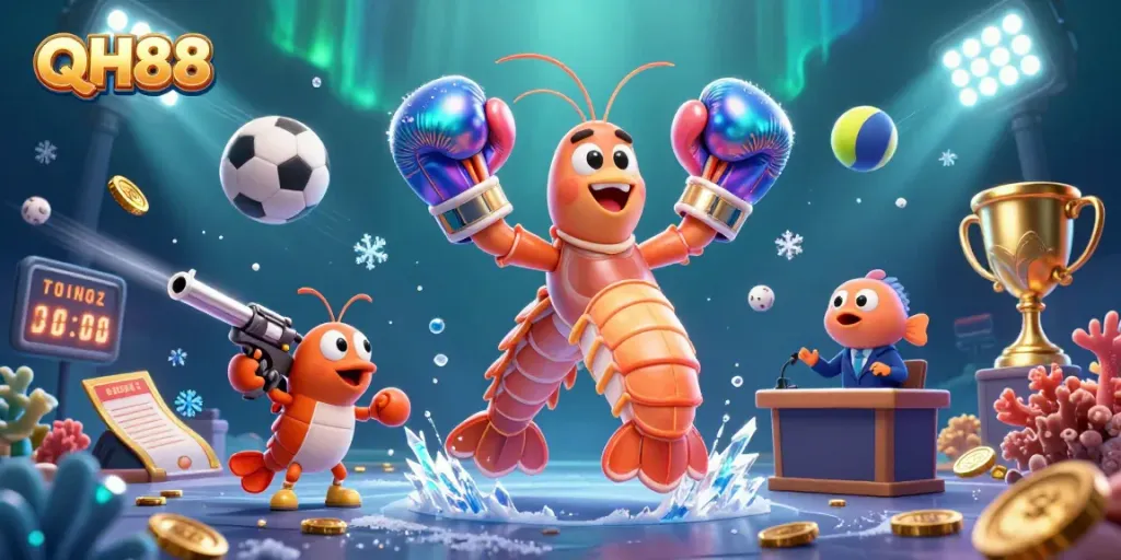 Join QH88's exciting casino adventure with dynamic sports elements and vibrant underwater characters.