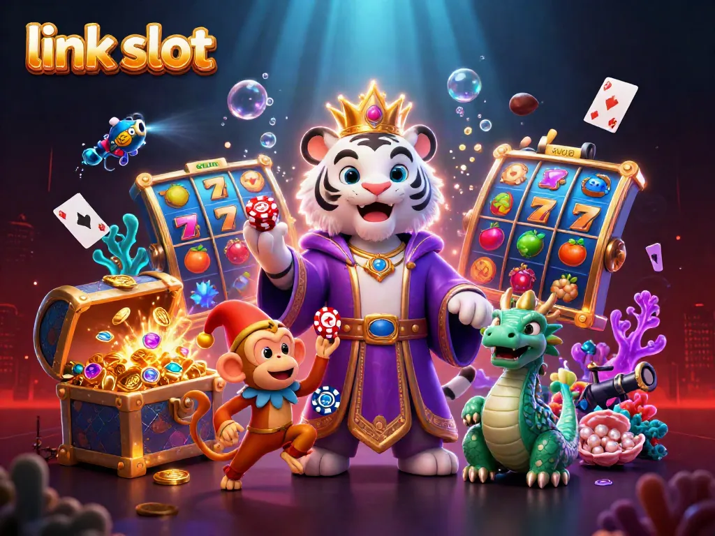 Experience excitement with the link slot as a cartoon tiger and monkey enjoy casino games in a vibrant scene.