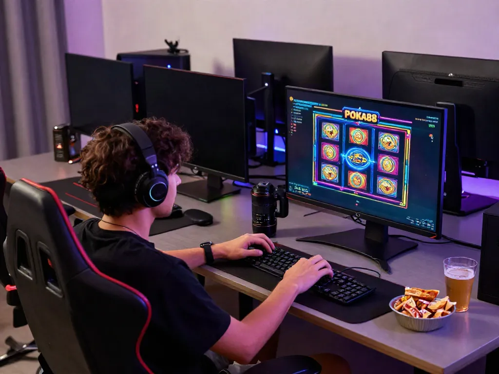 Gaming setup displaying poka88 link login with vibrant slot game interface and modern design.