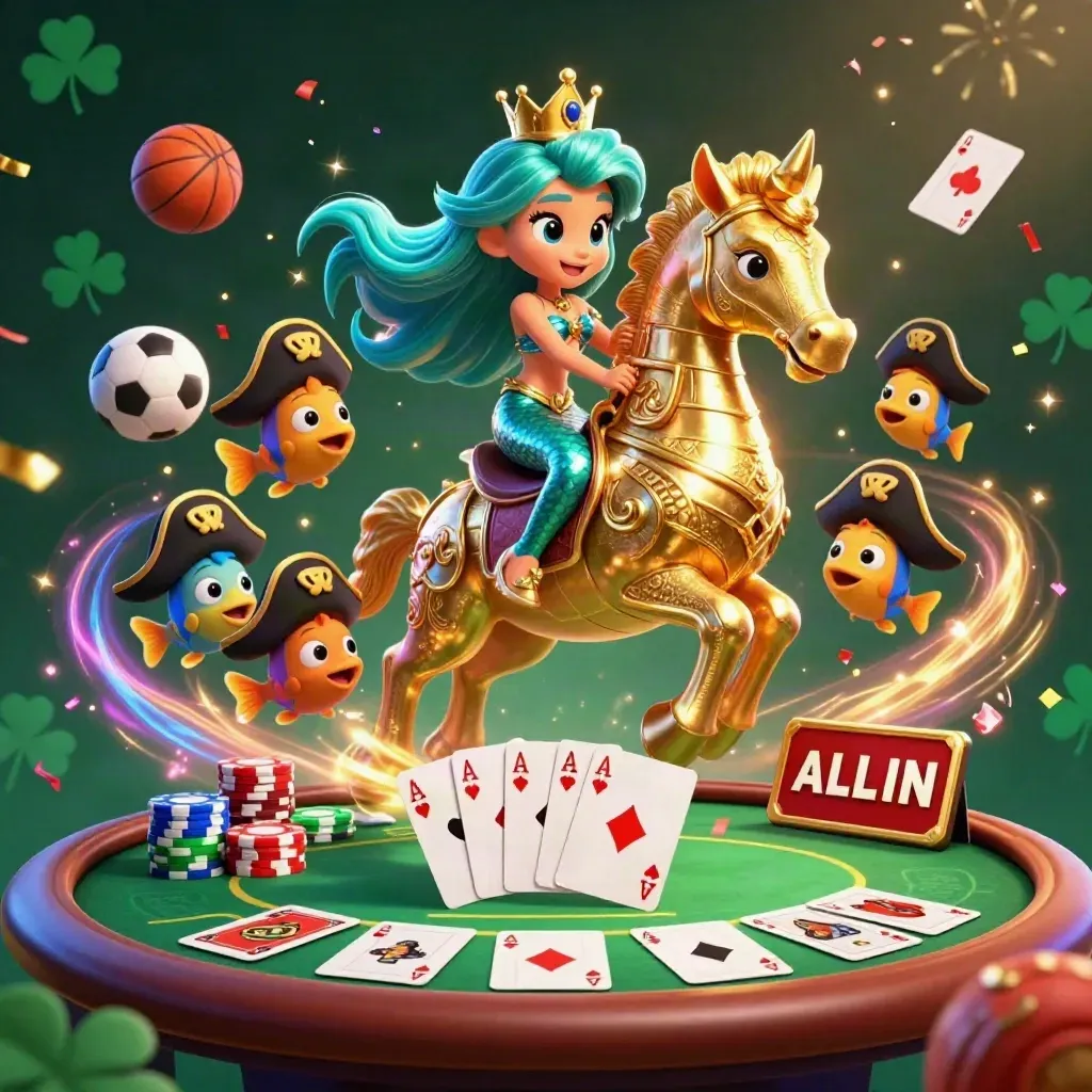 Mermaid princess on a gold seahorse amid poker chips, cards, confetti, balls, and casino glow