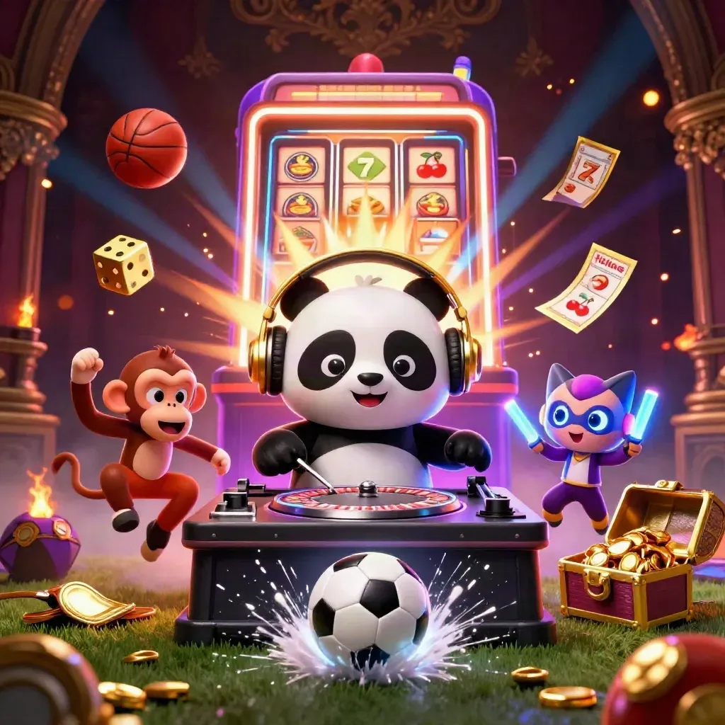 DJ panda, monkey, and glow-stick kitten amid slot bursts, soccer ball, and gold.