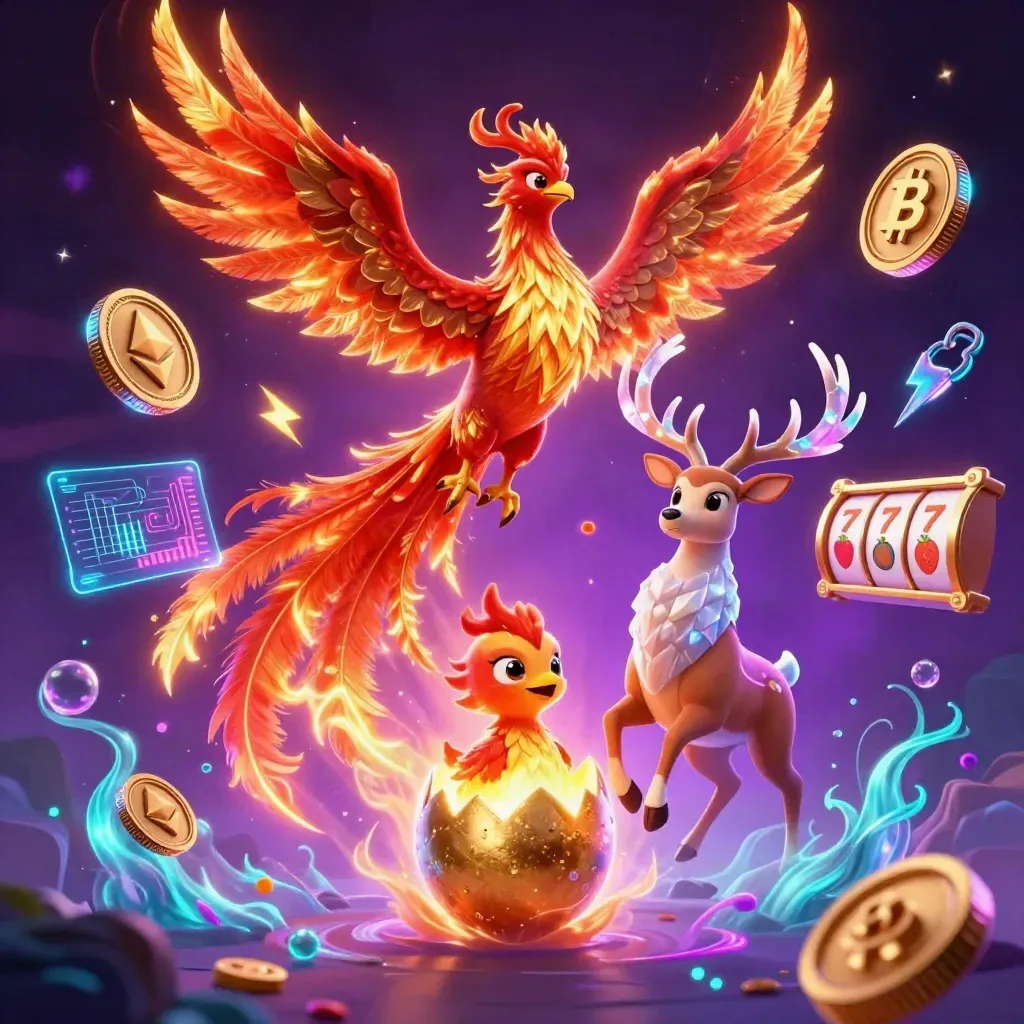 Fire phoenix, baby phoenix, and crystal stag amid neon coins and magical casino effects.