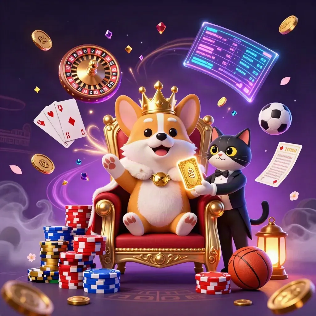 Crowned corgi and cat butler amid chips, coins, cards, balls, and purple-blue casino magic.