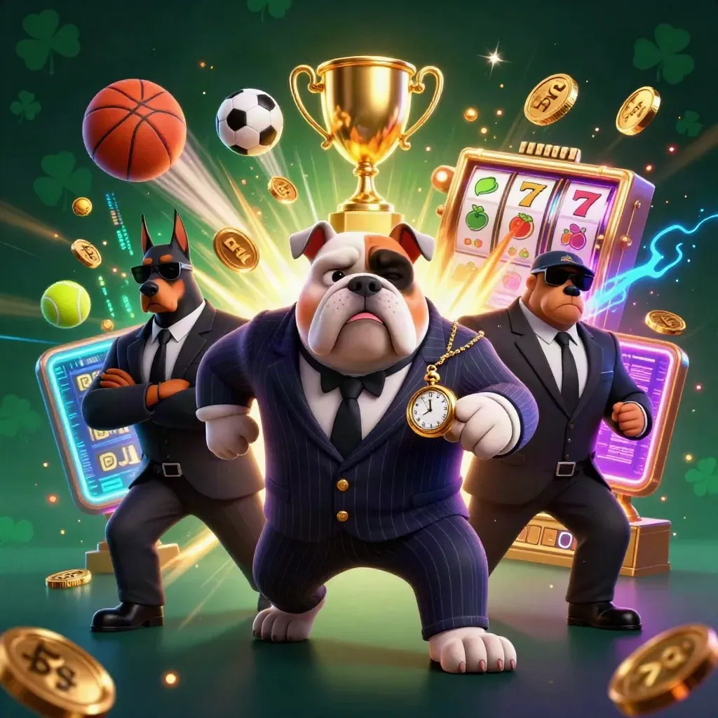 Bulldog mafia boss with two Doberman guards amid casino balls, coins, trophy, and neon energy