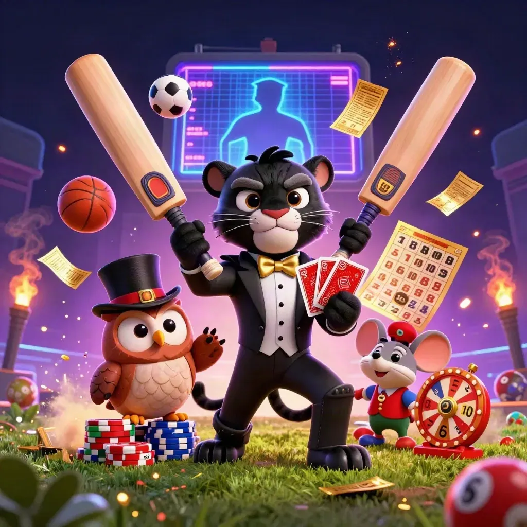 Panther, owl, and mouse amid casino sports chaos with cards, chips, and flying balls.