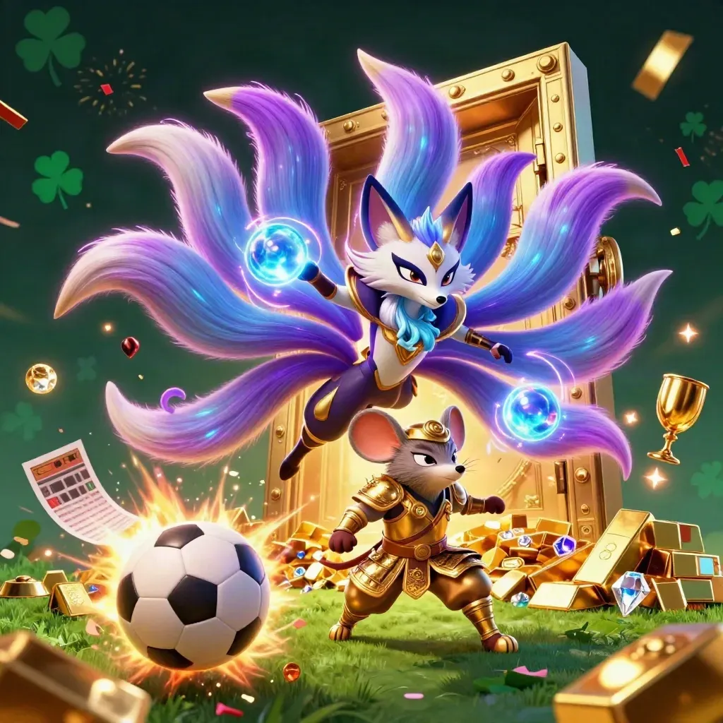 Neon fox spirit and golden mouse amid vault gold, balls, sparks, and shamrock casino magic.