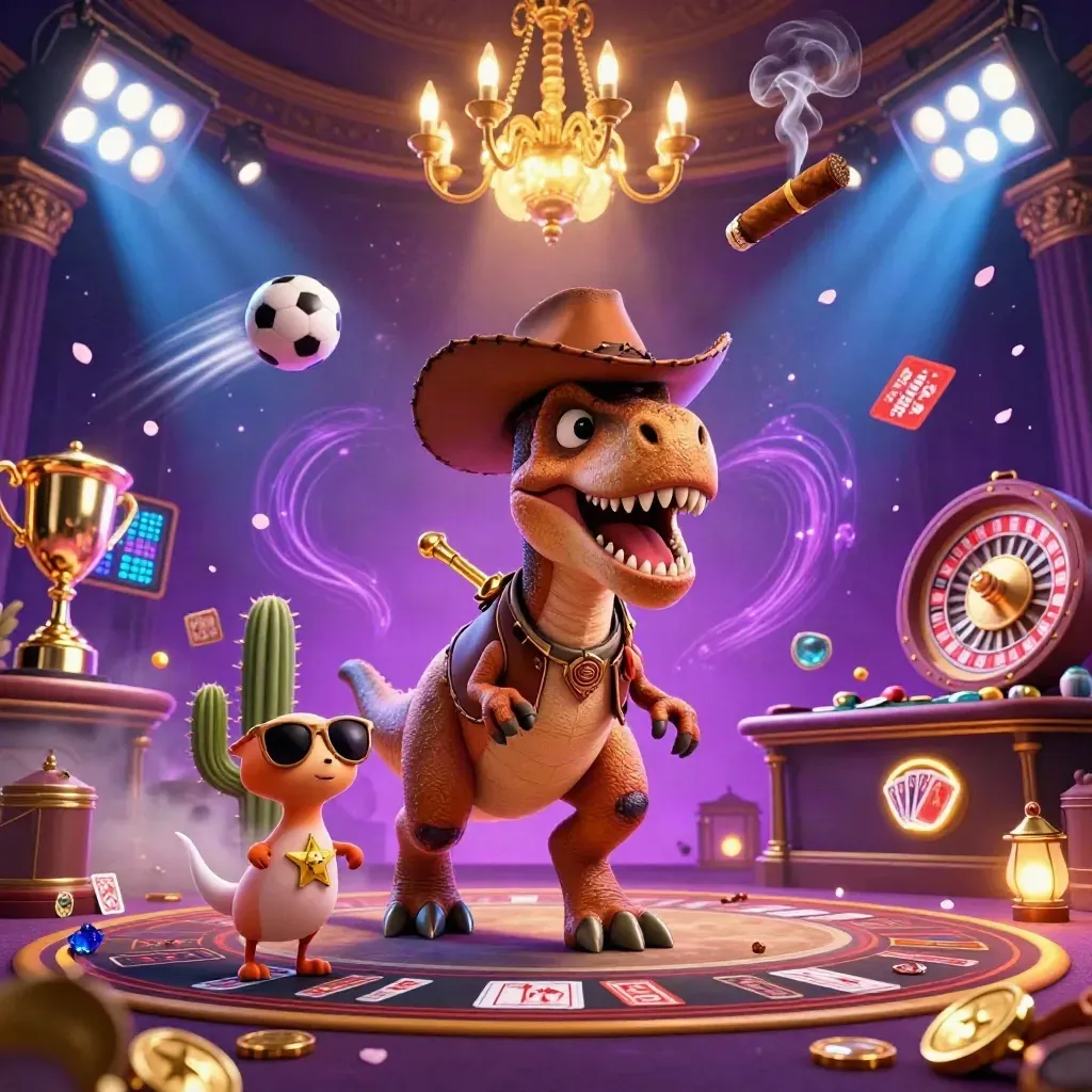 Cowboy T-Rex trio amid casino luxury, spinning roulette, glowing sports chaos, and neon purple-gold light.