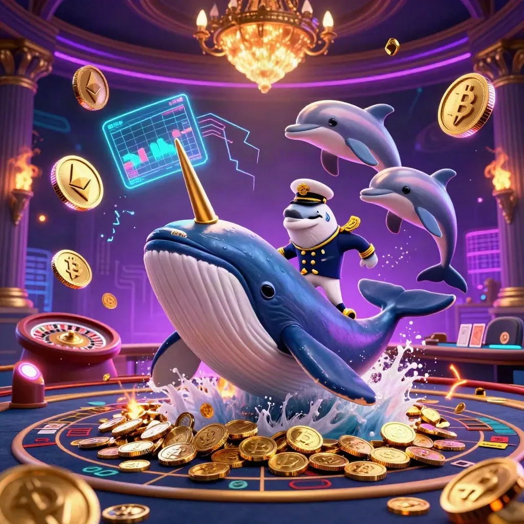 Whale, narwhal, and dolphins in a luxe neon casino sea of coins and tech effects.