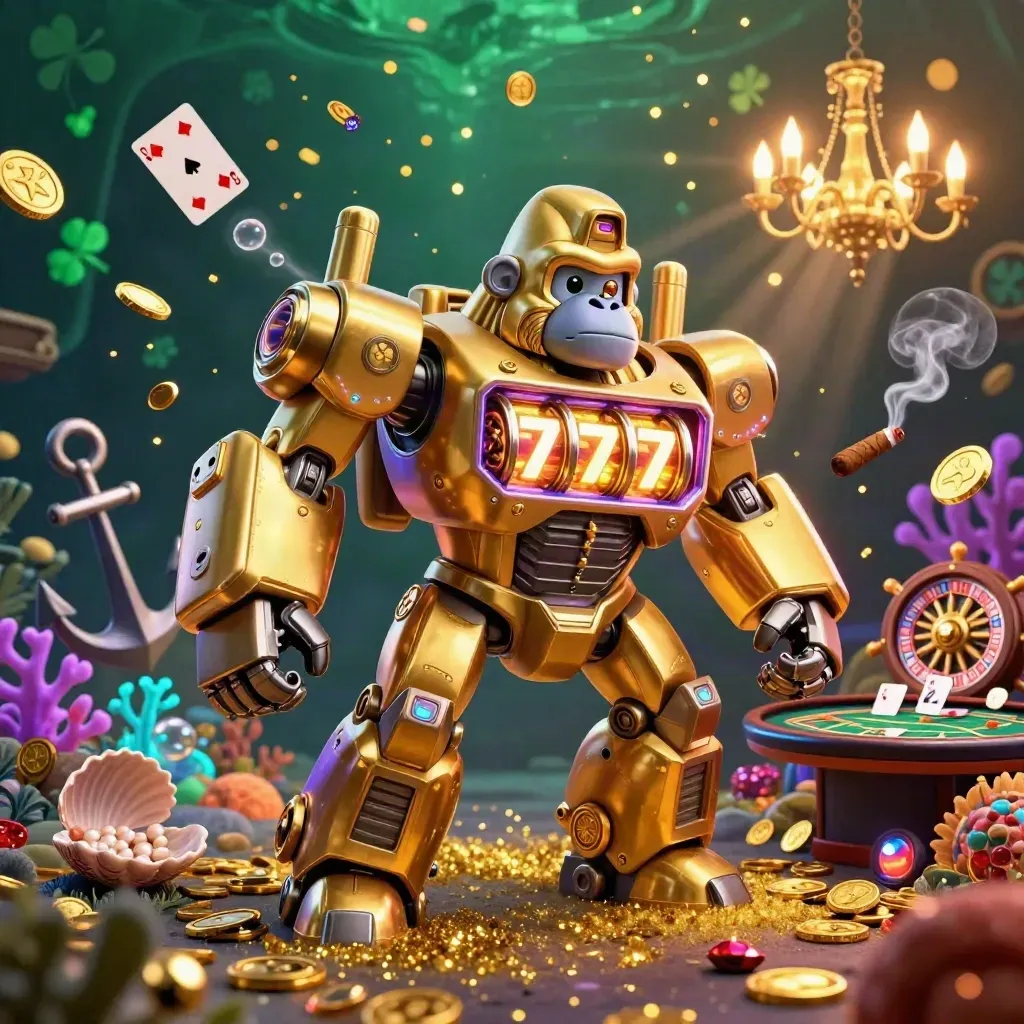 Golden gorilla slot mech and tiny monkey pilot in a treasure-cove casino dreamscape.