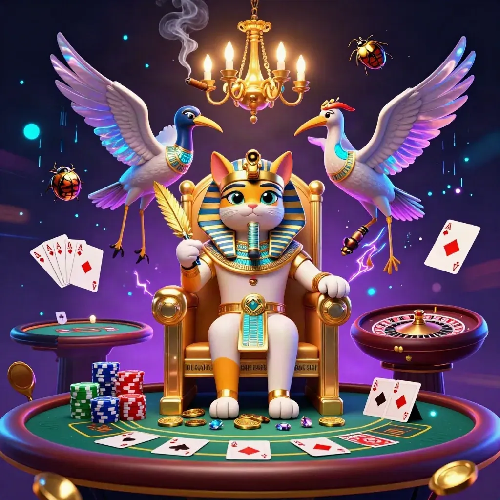Pharaoh cat, ibis scribe, and scarab beetles amid casino loot and neon light.