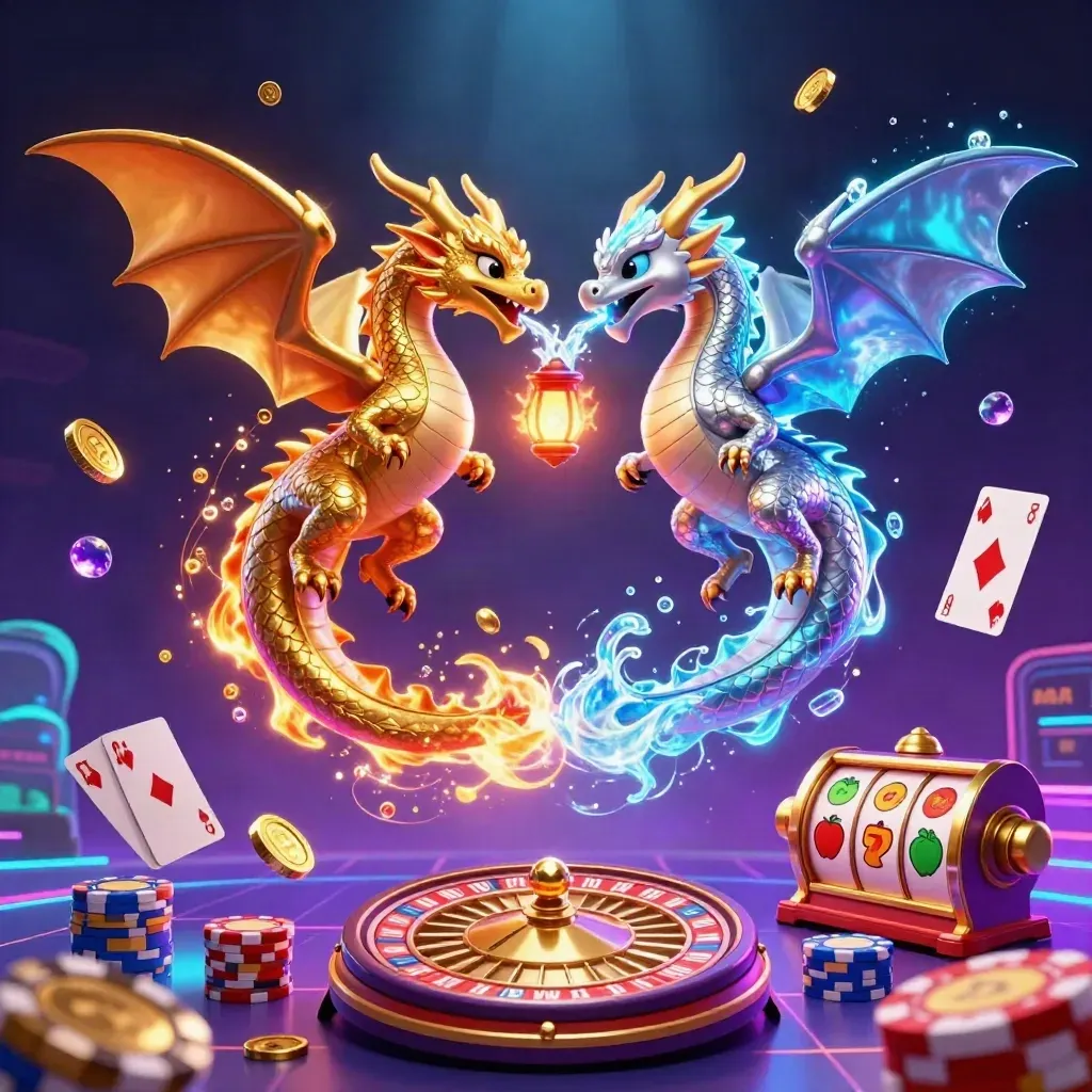 Gold and silver dragons spiral with fire and ice above casino riches in neon purple glow.
