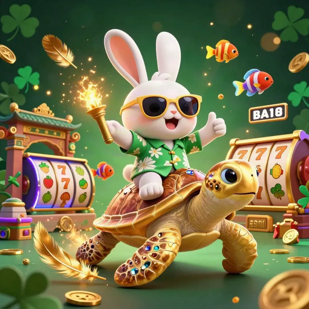 Lucky rabbit on a golden turtle amid coins, gems, reels, temple gate, and neon casino magic