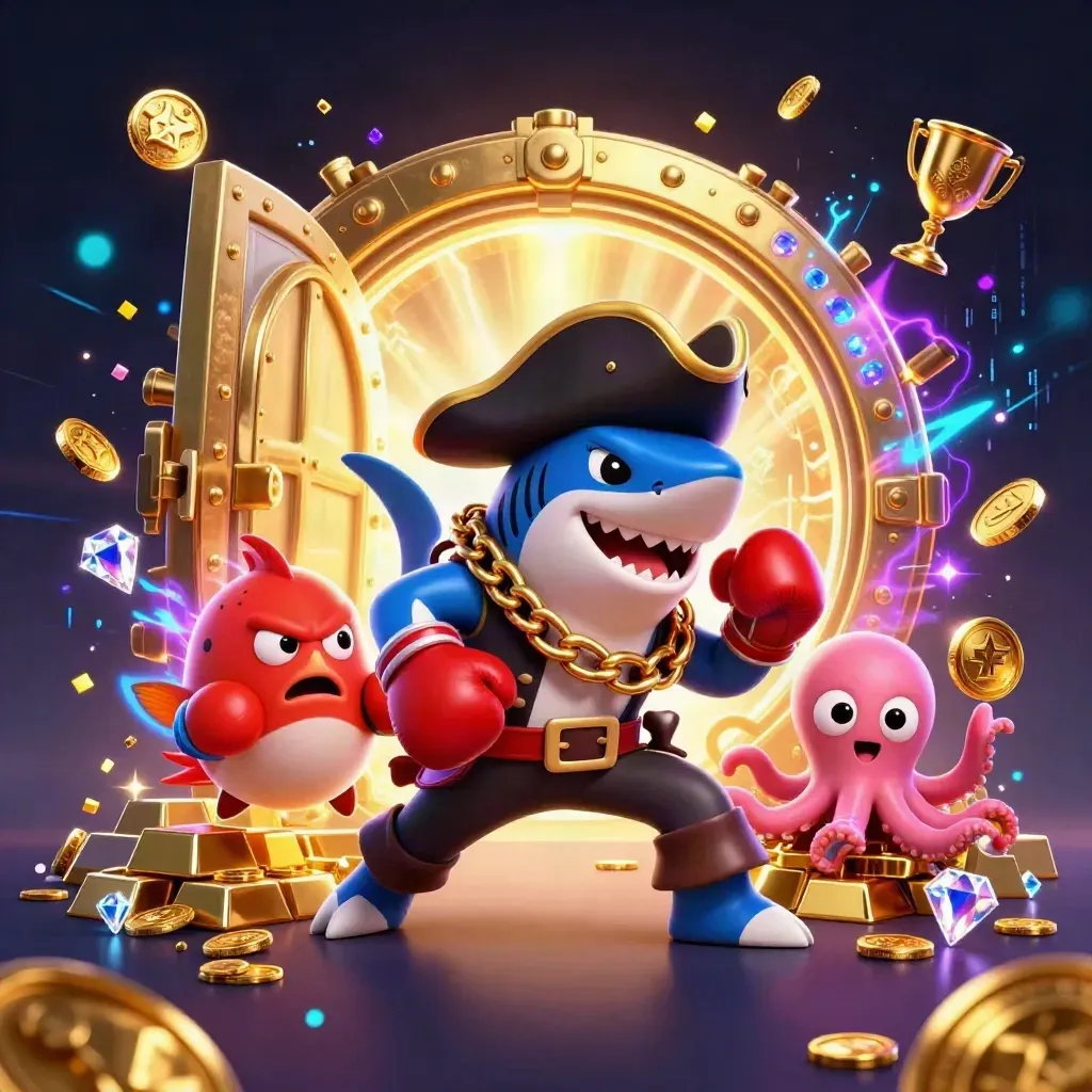 Pirate shark, boxing pufferfish, and coin-juggling octopus amid a treasure vault burst