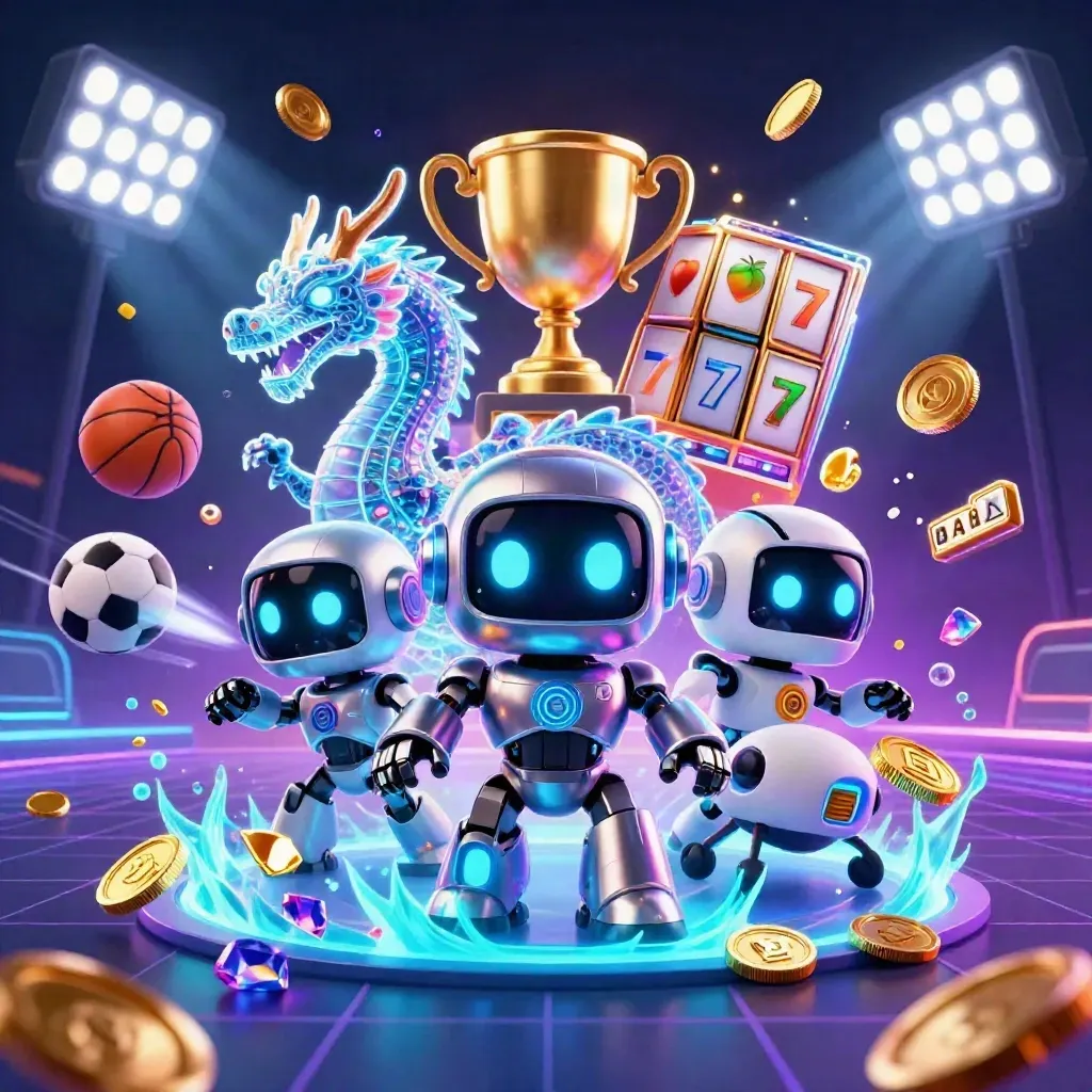 Cyberpunk robot, holographic dragon and coin drone amid casino sports loot and neon blue glow.
