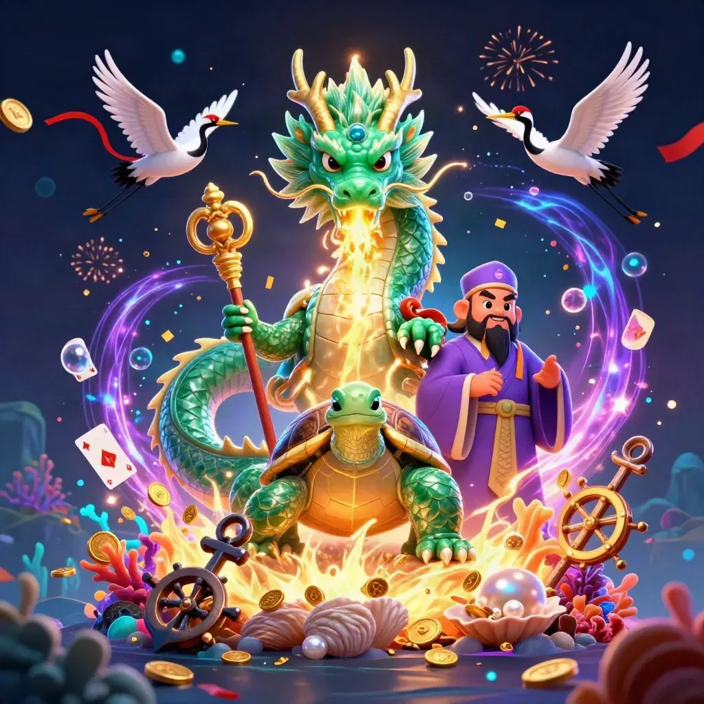 Emerald dragon, turtle sage, and cranes hurl gold fire over a glowing treasure cove.