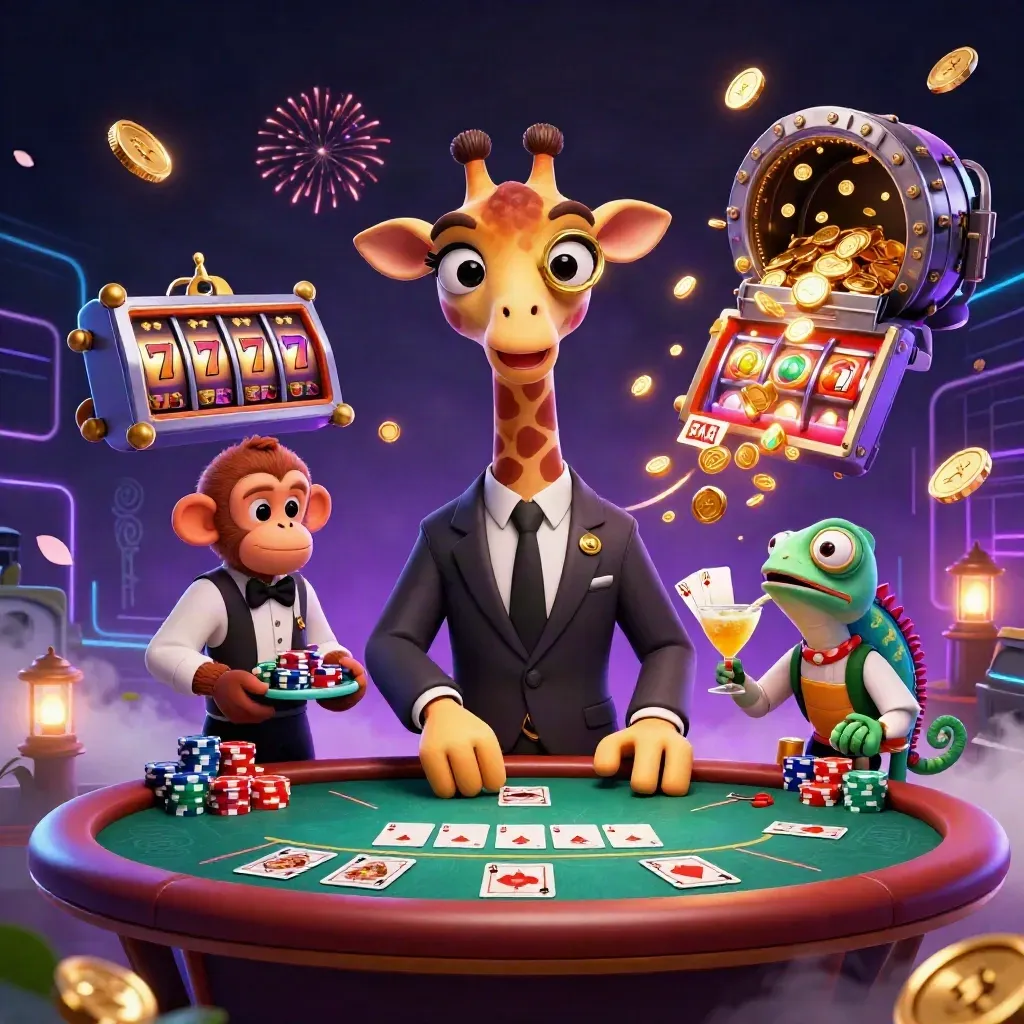 Luxury casino creatures at a glowing poker table as coins, fireworks, and reels burst around them.