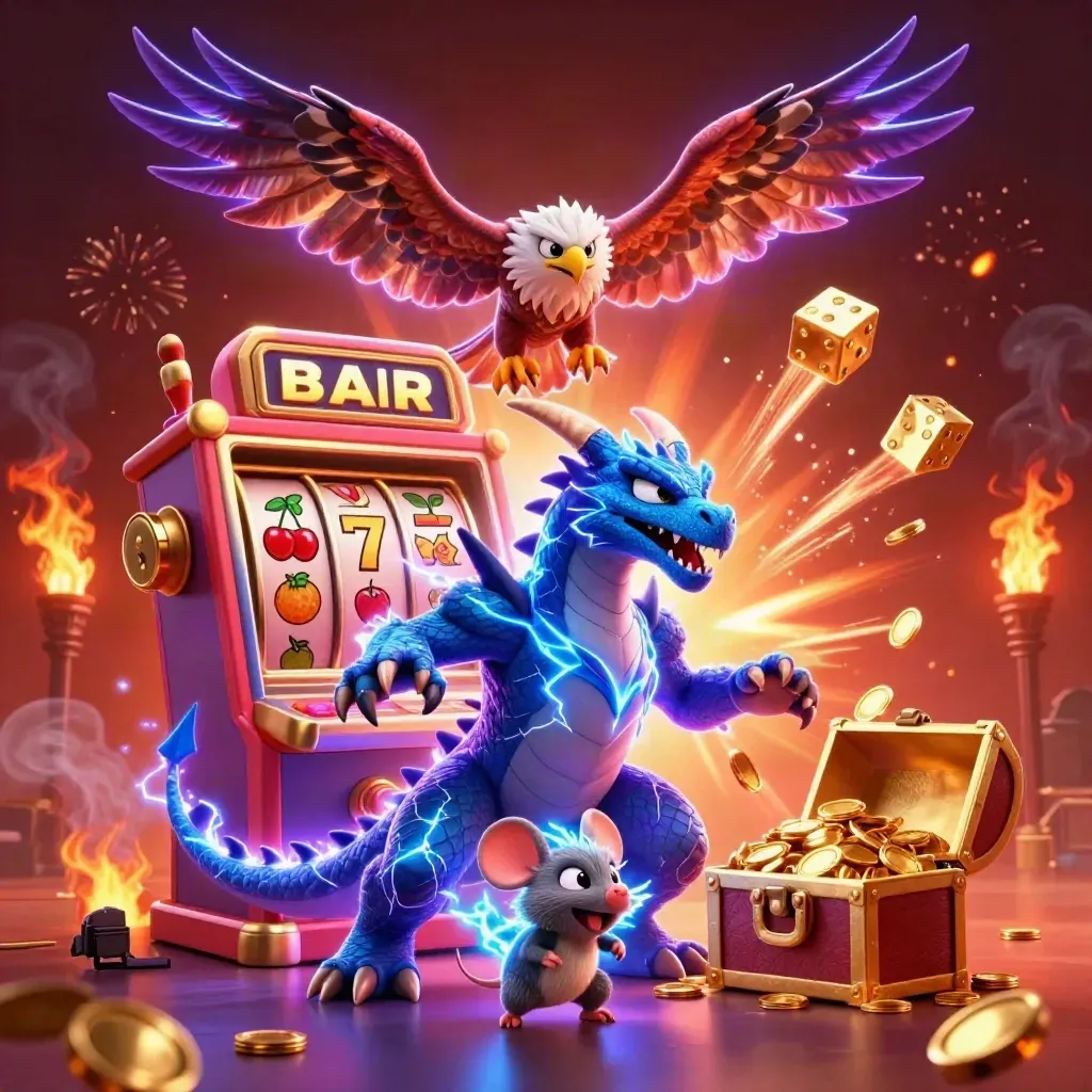 Thunder dragon, wind hawk, and static mouse amid exploding slots, gold coins, and fireworks.