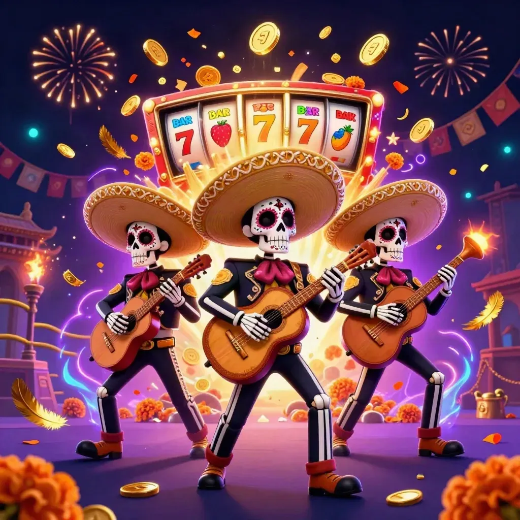 Skeleton mariachi trio with coins, fireworks, and slot symbols in a dark neon casino scene