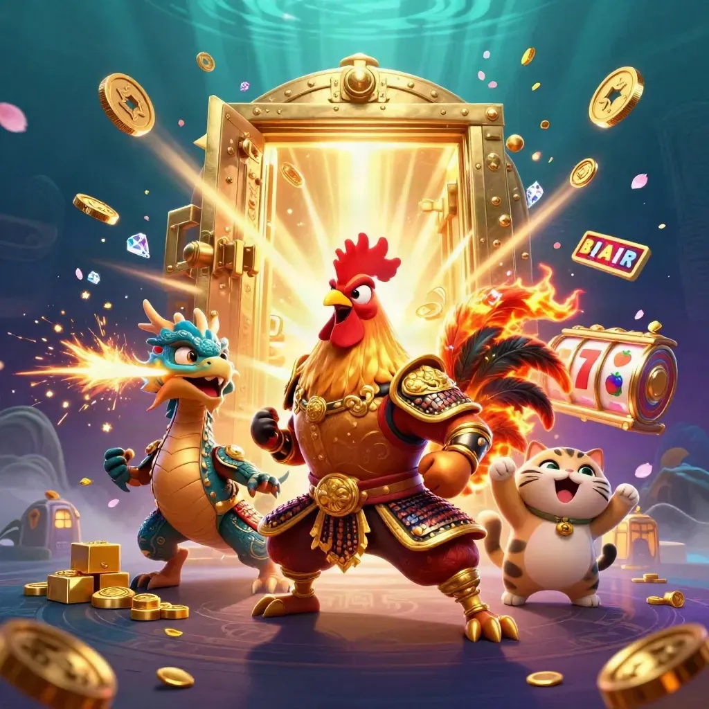 Rooster warrior, dragon hatchling, and fortune cat burst from a glowing vault with gold and fireworks.