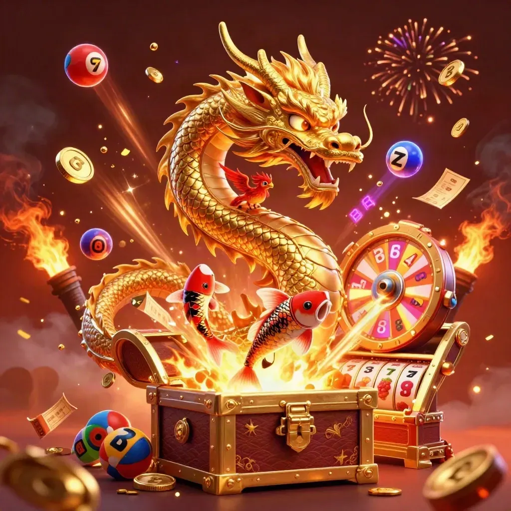 Golden dragon, phoenix, koi, coins, reels, and fireworks burst in a luxe casino promo scene.