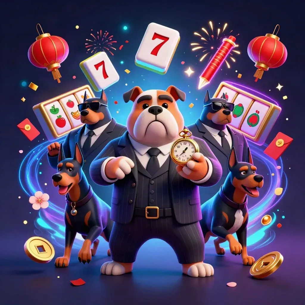 Cartoon bulldog boss and Doberman guards in a neon casino explosion with slot symbols.