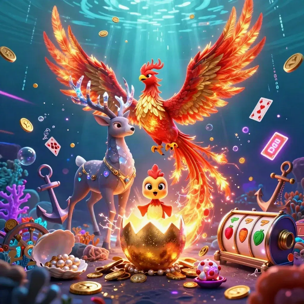 Phoenix, baby phoenix, and crystalline stag amid underwater casino treasure and neon energy.