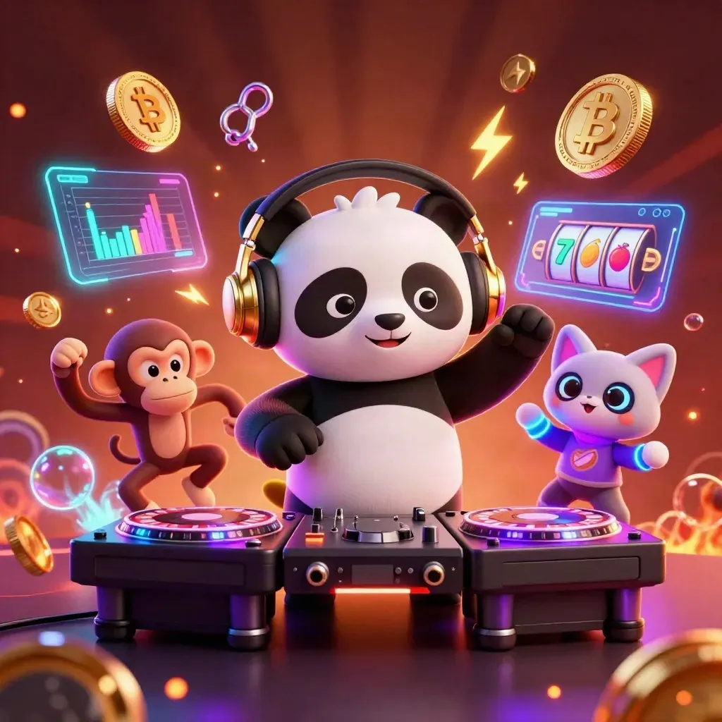 Neon DJ panda, dancing monkey, and glow-stick kitten amid casino reels and glowing coins.