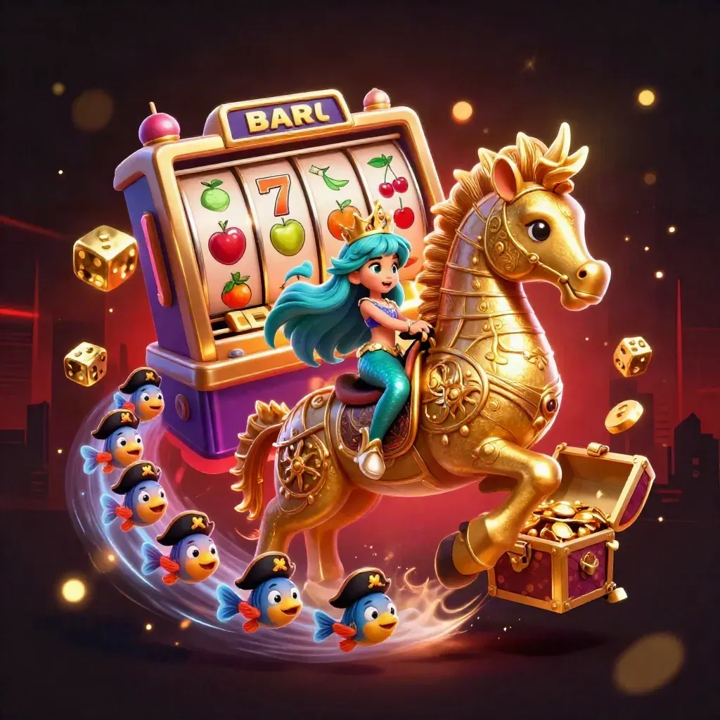 Mermaid princess rides a golden-armored seahorse amid slot symbols, gold, and pirate fish.