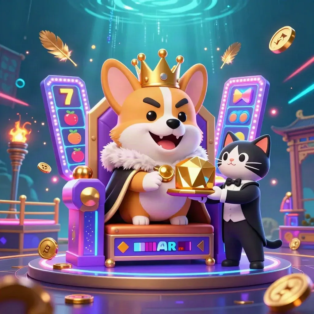 Royal corgi and cat butler on a chip throne amid casino magic and neon effects.