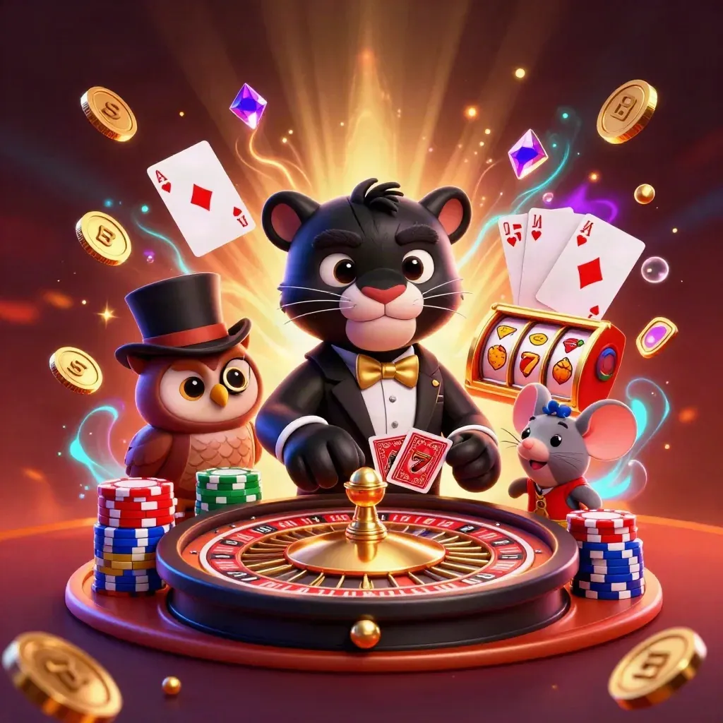 Panther, owl, and mouse amid chips, cards, roulette, coins, reels, and neon casino glow.