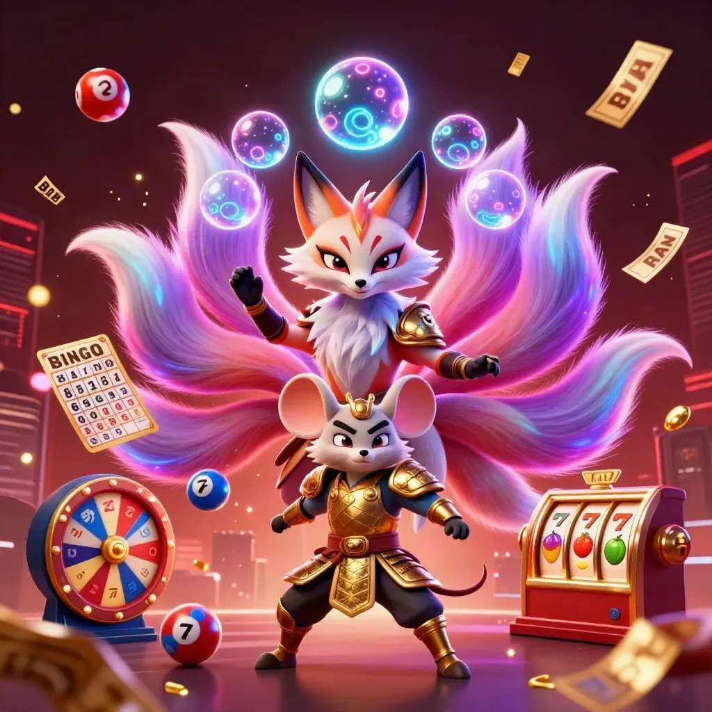 Fox spirit and samurai mouse amid casino symbols, lights, and gold sparks.