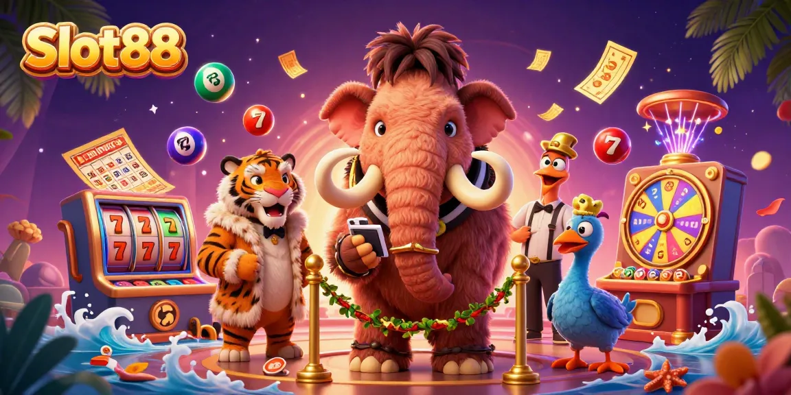 Experience Slot88 excitement as a woolly mammoth bouncer greets a saber-tooth tiger at a vibrant casino.