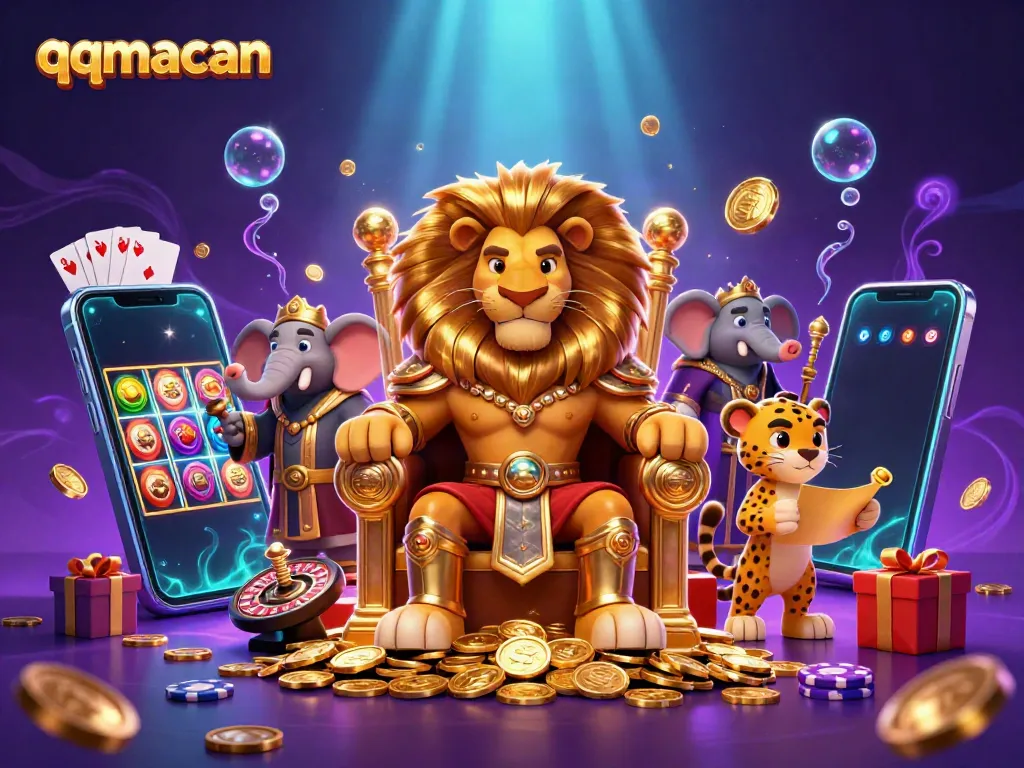 Experience thrilling gaming at qqmacan with a vibrant 3D illustration of characters immersed in casino action and vibrant game elements.
