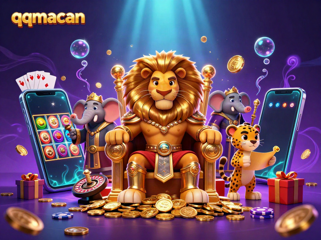 Experience thrilling gaming at qqmacan with a vibrant 3D illustration of characters immersed in casino action and vibrant game elements.