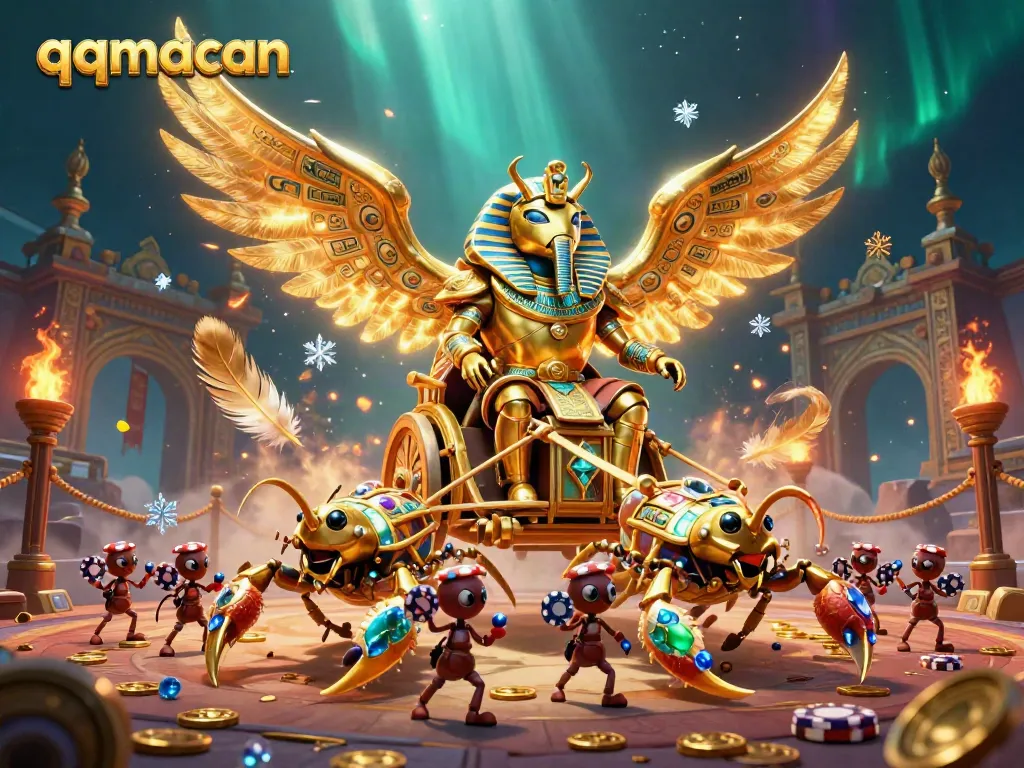Experience thrilling gameplay with qqmacan as a golden scarab beetle and scorpions dominate the arena.