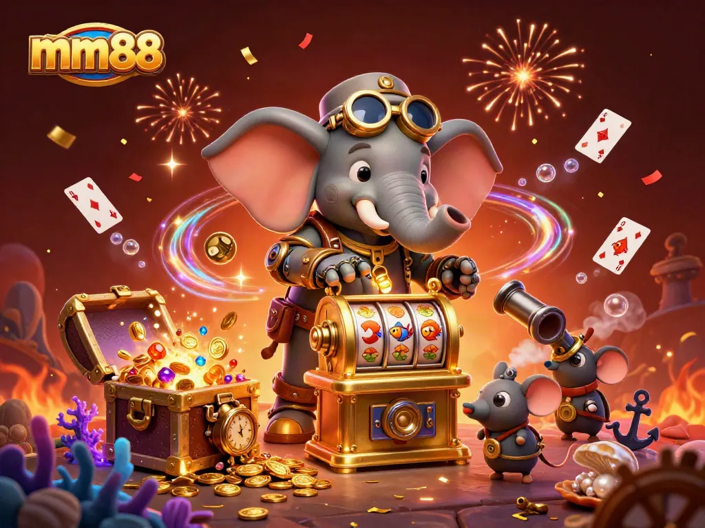 Experience the excitement of mm88 with a steampunk elephant operating a golden slot machine in a vibrant casino scene.