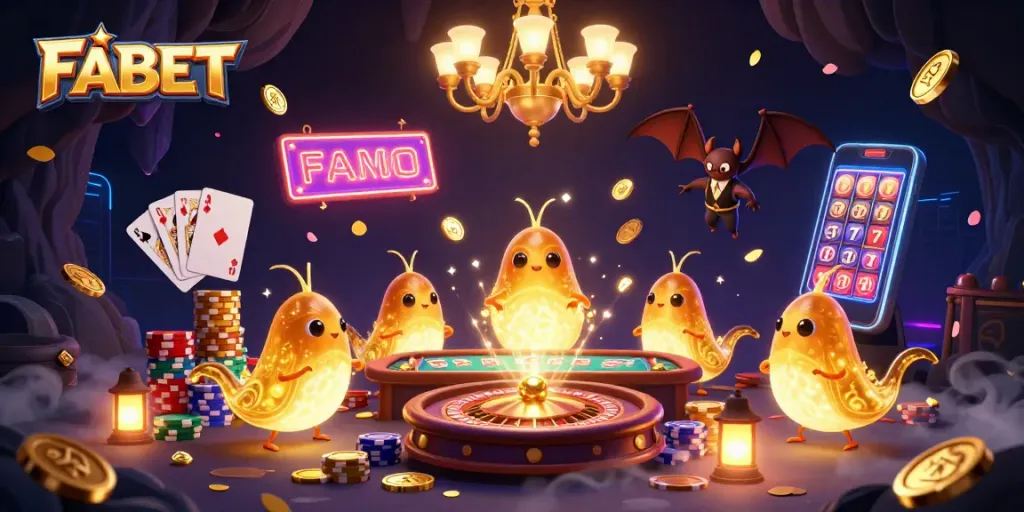 Experience exciting betting games with FABET's illuminated casino, featuring glowworms and vibrant game elements.