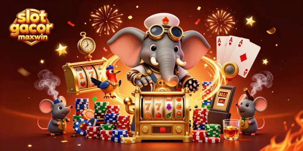 Spin the golden slot machine with slot gacor maxwin featuring steampunk elements and poker details.
