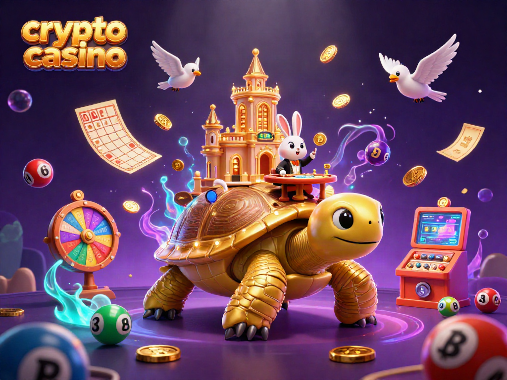 Engage with the vibrant scene of a crypto casino featuring a golden tortoise and a rabbit dealer.