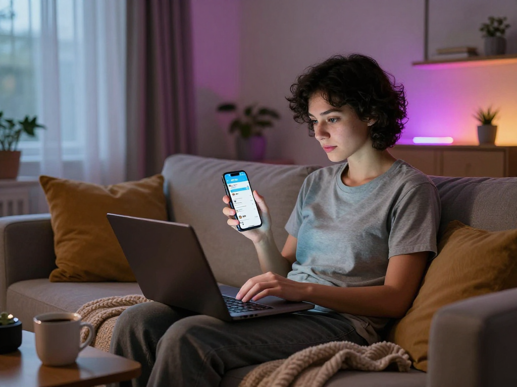 Engaging AI chat porn experience in a cozy home setting with modern decor.