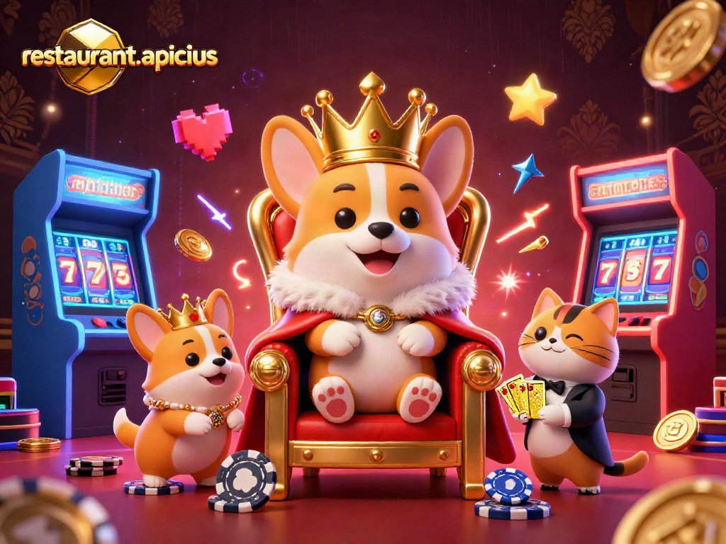 Engage with https://restaurant-apicius captivating 3D scene of royal corgi on poker throne amidst vibrant casino elements.