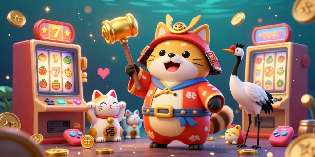 Engage with exciting slot action featuring a cheerful tanuki and colorful symbols in a vibrant scene.