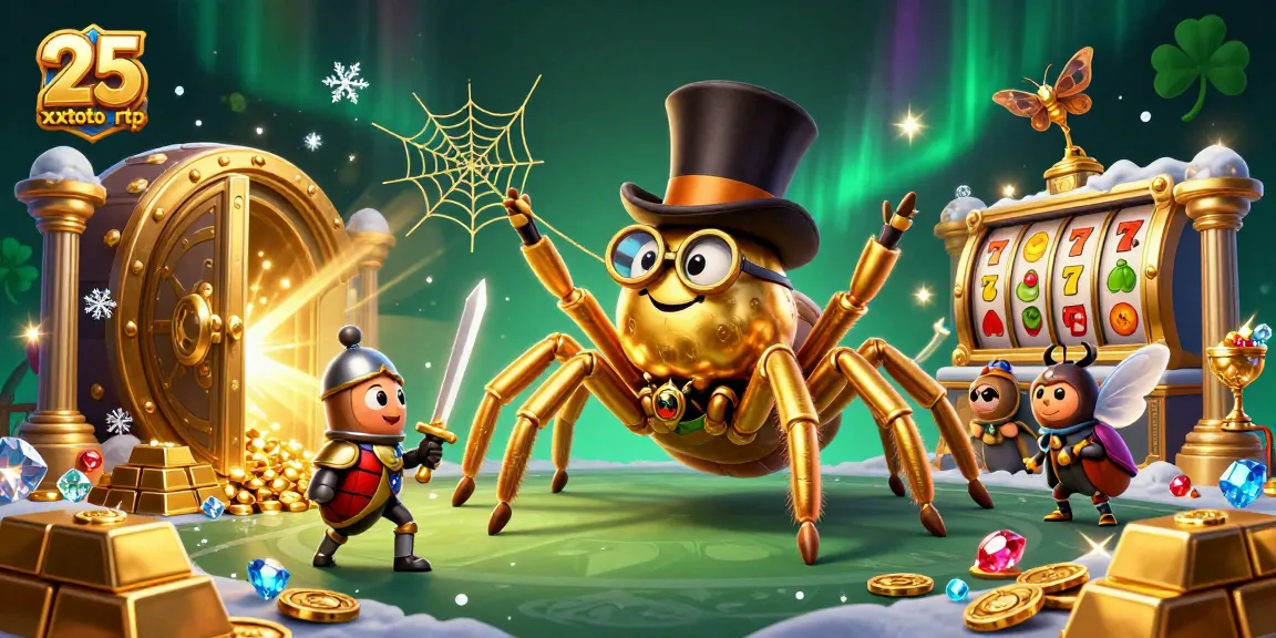 Menyusun strategi bermain dengan 25 xxtoto rtp, gambar ilustrasi kasino 3D penuh detail dengan tarantula dan ksatria kecil.