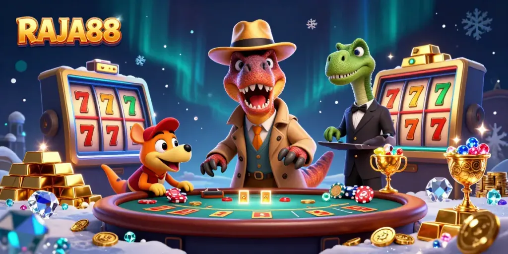 Gambarlah RAJA88 saat velociraptor bermain blackjack sambil dikelilingi oleh simbol slot dan harta karun.