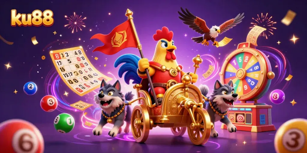 Engage with ku88's vibrant online gaming world, featuring a dynamic rooster warlord and thrilling casino games.