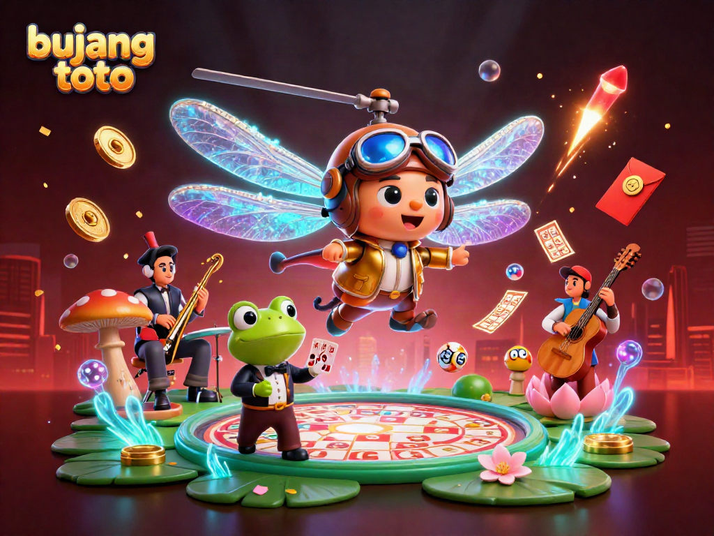 Bujang toto reveals vibrant lottery-themed 3D scene with engaging characters and action elements.