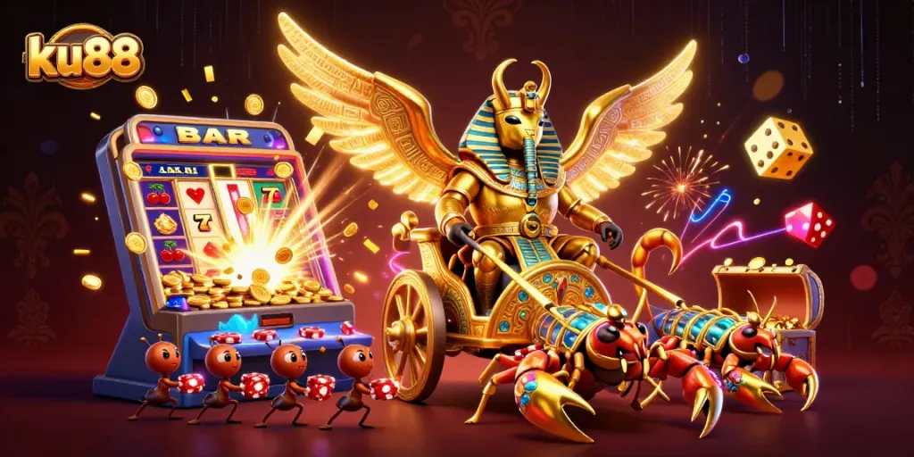 ku88 showcases a vibrant casino scene with slot machines and poker chips, inviting players to win big.