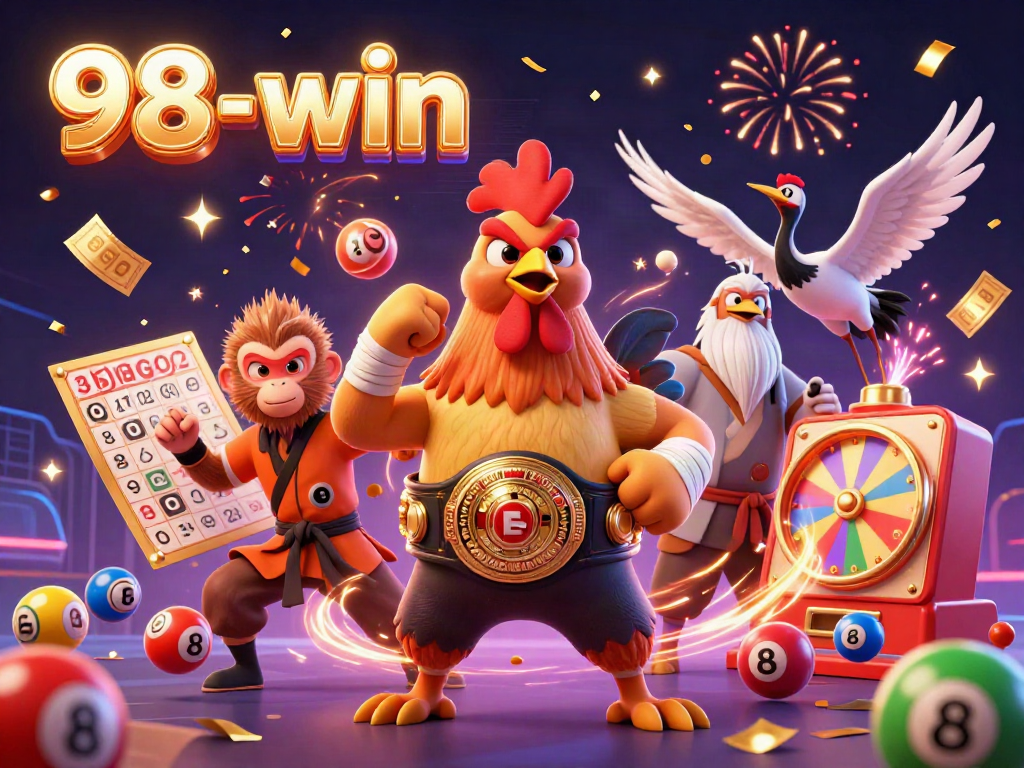 Engage in thrilling experiences at 98-win with vibrant games and dynamic lottery elements surrounding dedicated characters.