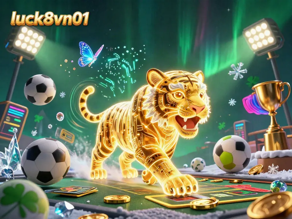 Engage with the luck8vn01 digital casino scene featuring a neon golden tiger among vibrant sports elements.