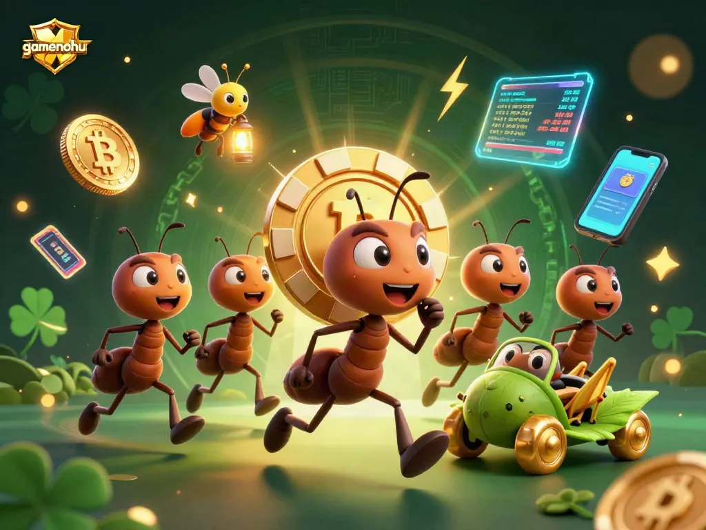 gamenohu showcases a dynamic scene of cartoon ants heisting a giant poker chip amidst digital gambling elements.